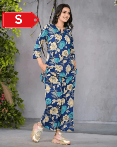 Serene Floral Blue Cotton Co - ord Set UK Next Day - BONYHUBsalwar suit