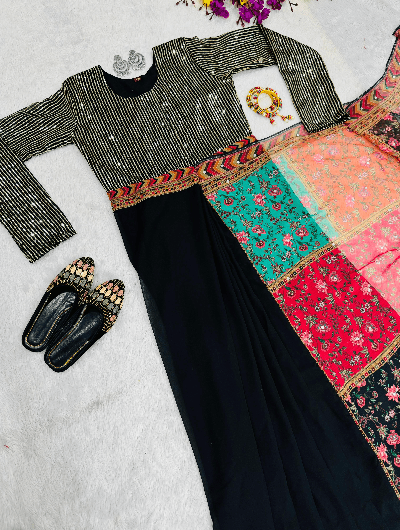 Shimmer Black 10 Second Multicolor Readymade Sari Gown - BONYHUBSAREE