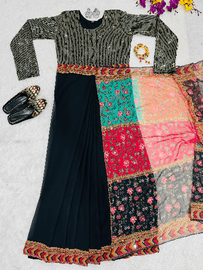 Shimmer Black 10 Second Multicolor Readymade Sari Gown - BONYHUBSAREE