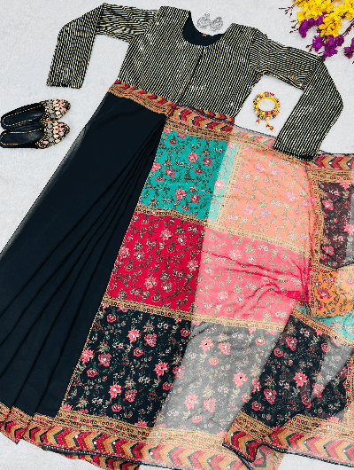 Shimmer Black 10 Second Multicolor Readymade Sari Gown - BONYHUBSAREE