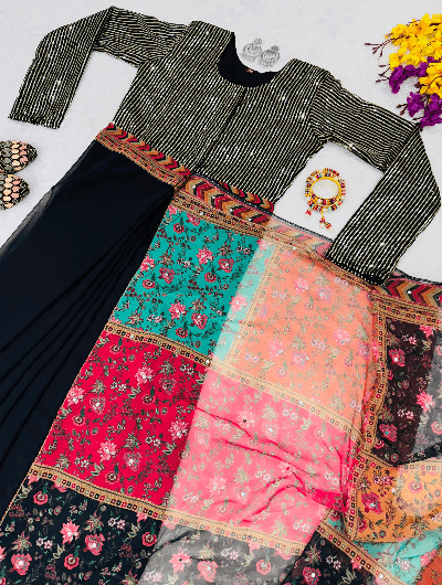 Shimmer Black 10 Second Multicolor Readymade Sari Gown - BONYHUBSAREE
