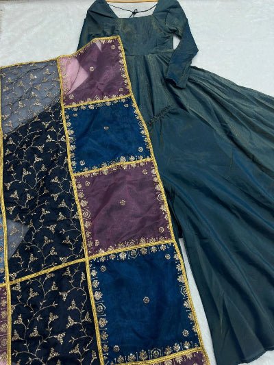 Shimmer Blue Roman Silk Flair Anarkali Suit Set UK Next Day - BONYHUBSALWAR KAMEEZ