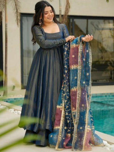 Shimmer Blue Roman Silk Flair Anarkali Suit Set UK Next Day - BONYHUBSALWAR KAMEEZ
