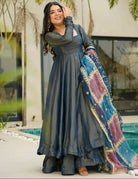 Shimmer Blue Roman Silk Flair Anarkali Suit Set UK Next Day - BONYHUBSALWAR KAMEEZ