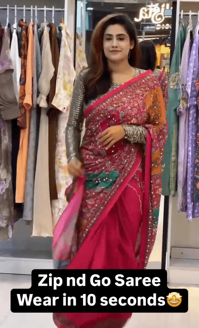 Shimmer Red 10 Second Multicolor Readymade Sari Gown - BONYHUBSAREE