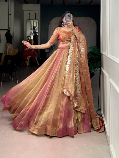 Shiny Gold Zari Shimmer Sequin Embroidered Lehenga Choli Set - BONYHUBSALWAR KAMEEZ