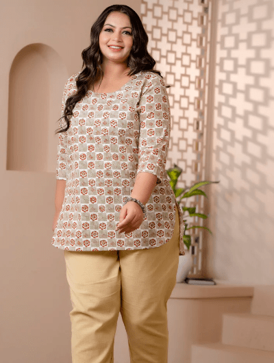 Short Plus Size Kurti Tunic Beige Cotton UK Next Day - BONYHUBSALWAR KAMEEZ