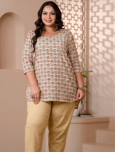 Short Plus Size Kurti Tunic Beige Cotton UK Next Day - BONYHUBSALWAR KAMEEZ