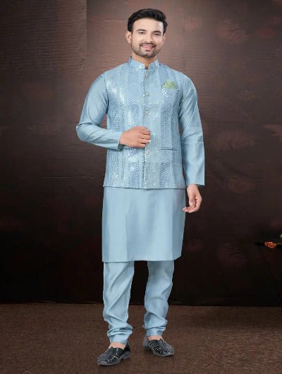 Silk Wedding Designer Men Kurta Koti With Pyjama - BONYHUBMEN KURTA
