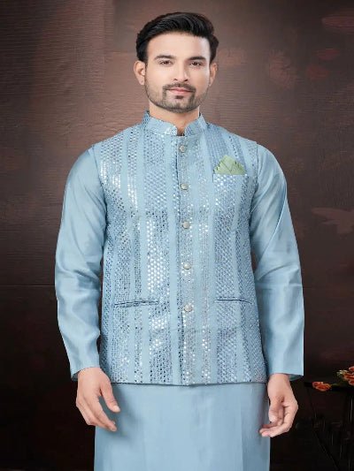 Silk Wedding Designer Men Kurta Koti With Pyjama - BONYHUBMEN KURTA
