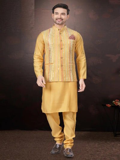 Silk Wedding Designer Men Kurta Koti With Pyjama - BONYHUBMEN KURTA