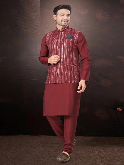 Silk Wedding Designer Men Kurta Koti With Pyjama - BONYHUBMEN KURTA