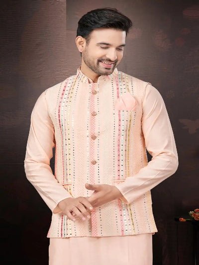 Silk Wedding Designer Men Kurta Koti With Pyjama - BONYHUBMEN KURTA