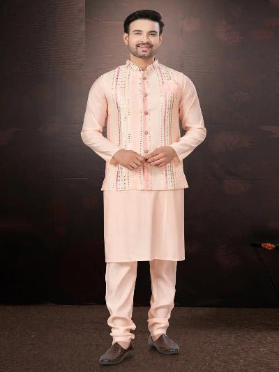 Silk Wedding Designer Men Kurta Koti With Pyjama - BONYHUBMEN KURTA