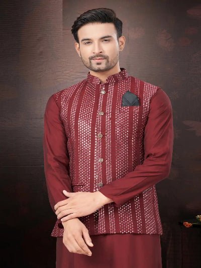Silk Wedding Designer Men Kurta Koti With Pyjama - BONYHUBMEN KURTA