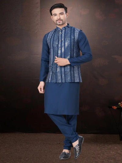 Silk Wedding Designer Men Kurta Koti With Pyjama - BONYHUBMEN KURTA