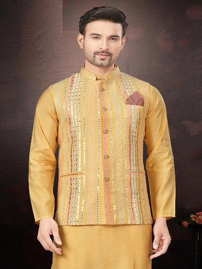 Silk Wedding Designer Men Kurta Koti With Pyjama - BONYHUBMEN KURTA