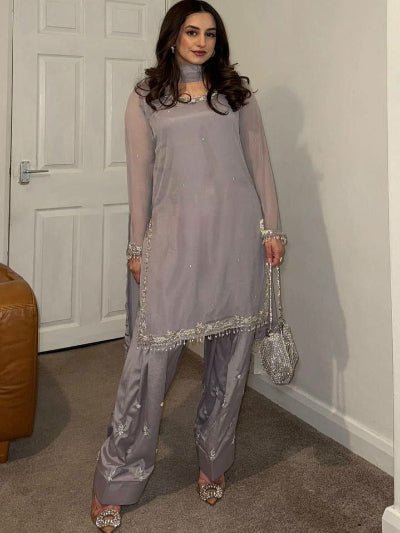 Silver Intricate Embroidery Georgette Farshi Salwar Suit Set - BONYHUBSALWAR KAMEEZ