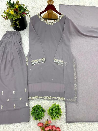 Silver Intricate Embroidery Georgette Farshi Salwar Suit Set - BONYHUBSALWAR KAMEEZ