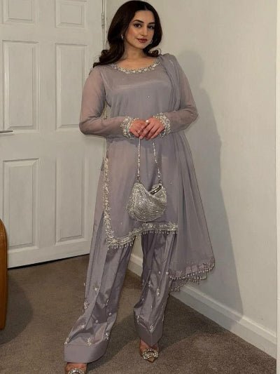 Silver Intricate Embroidery Georgette Farshi Salwar Suit Set - BONYHUBSALWAR KAMEEZ