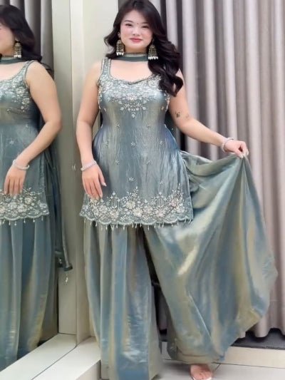 Silver Tissue Silk Embroidery Sharara Suit - BONYHUBSALWAR KAMEEZ