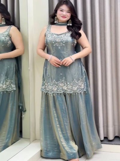 Silver Tissue Silk Embroidery Sharara Suit - BONYHUBSALWAR KAMEEZ