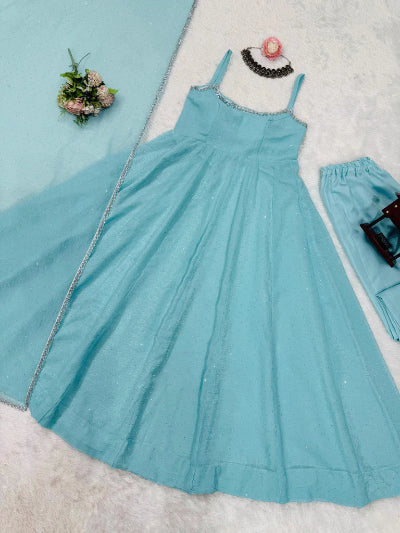 Ice Blue Crunch Silk Sleeveless Anarkali Suit Set