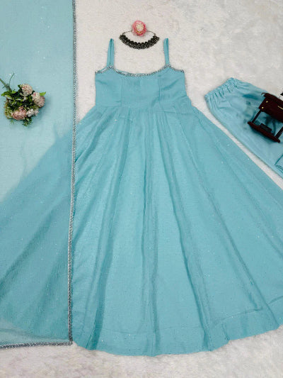 Ice Blue Crunch Silk Sleeveless Anarkali Suit Set