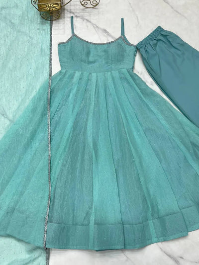 Aqua Blue Sleeveless Crunchy Silk Anarkali Suit Set
