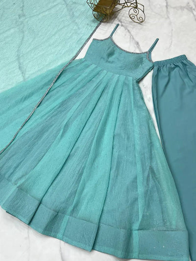 Aqua Blue Sleeveless Crunchy Silk Anarkali Suit Set