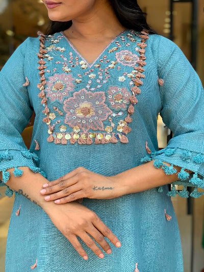 Sky Blue Embroidered Cotton Co-Ord Ethnic Set - BONYHUBSALWAR KAMEEZ