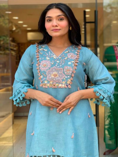 Sky Blue Embroidered Cotton Co-Ord Ethnic Set - BONYHUBSALWAR KAMEEZ