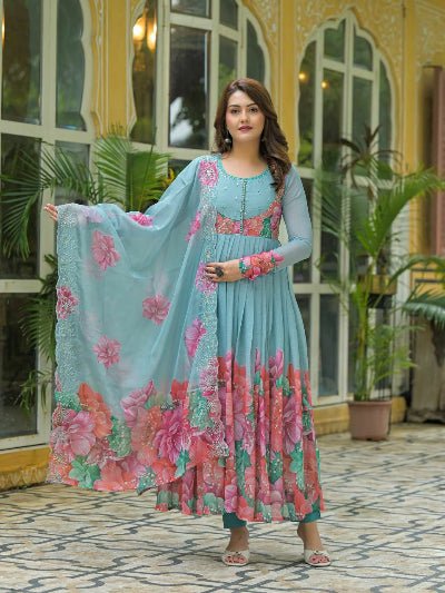 Sky Blue Georgette Floral Anarkali Suit UK Next Day - BONYHUBSALWAR KAMEEZ