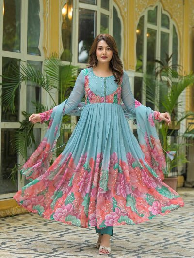 Sky Blue Georgette Floral Anarkali Suit UK Next Day - BONYHUBSALWAR KAMEEZ