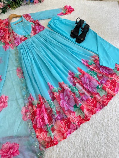 Sky Blue Georgette Floral Anarkali Suit UK Next Day - BONYHUBSALWAR KAMEEZ