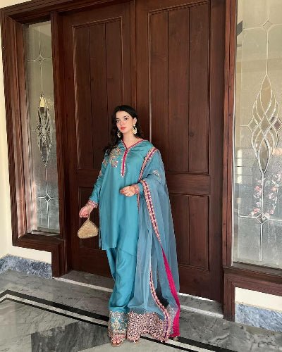 Sky Blue Natural Crepe Embroidery Farshi Suit Set - BONYHUBSALWAR KAMEEZ
