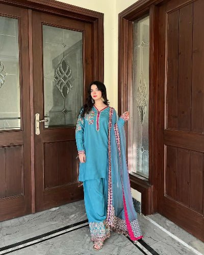 Sky Blue Natural Crepe Embroidery Farshi Suit Set - BONYHUBSALWAR KAMEEZ