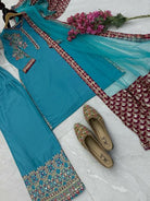 Sky Blue Natural Crepe Embroidery Farshi Suit Set - BONYHUBSALWAR KAMEEZ
