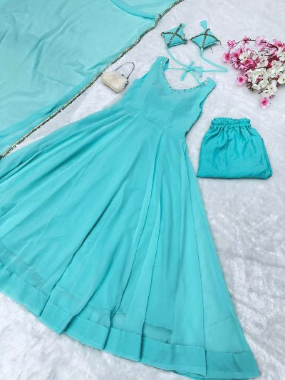 Sky Blue Plain Flair Georgette Anarkali Suit Set - BONYHUBSALWAR KAMEEZ