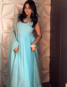 Sky Blue Plain Flair Georgette Anarkali Suit Set - BONYHUBSALWAR KAMEEZ