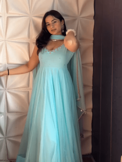 Sky Blue Plain Flair Georgette Anarkali Suit Set - BONYHUBSALWAR KAMEEZ