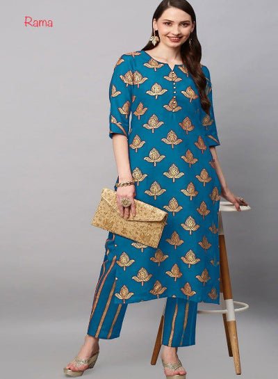 Sky Blue Rayon Foil Print Kurti Pant Set Of 2 - BONYHUBSALWAR KAMEEZ