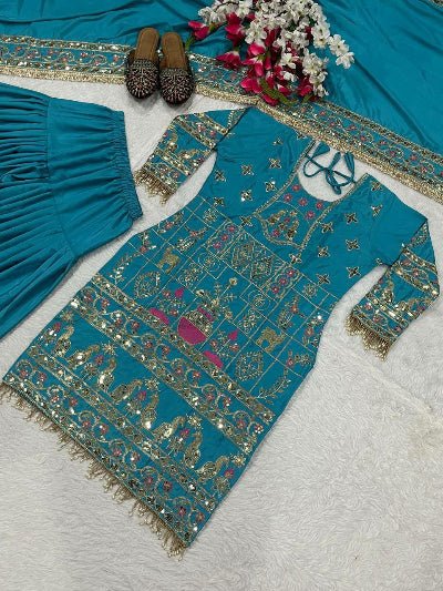 Sky Blue Sequins Embroidered Work Punjabi Suit Set - BONYHUBSALWAR KAMEEZ