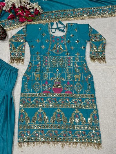 Sky Blue Sequins Embroidered Work Punjabi Suit Set - BONYHUBSALWAR KAMEEZ