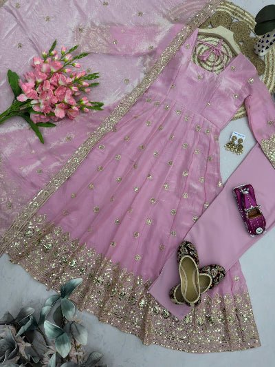Soft Baby Pink Gold Embroidered Women&
