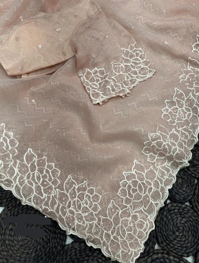 Soft Beige Embroidered Ready to Wear Sai with Stitched Blouse - BONYHUBSAREE