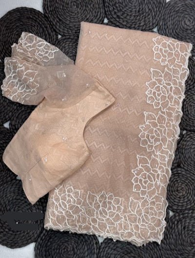 Soft Beige Embroidered Ready to Wear Sai with Stitched Blouse - BONYHUBSAREE