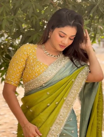Soft Chinnon Shaded Mirror Work Sari with Unstitched Blouse - BONYHUBSAREE