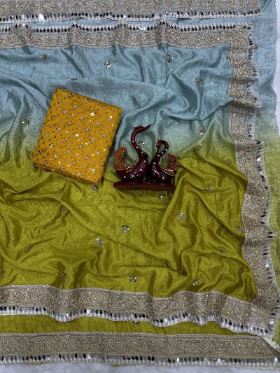 Soft Chinnon Shaded Mirror Work Sari with Unstitched Blouse - BONYHUBSAREE