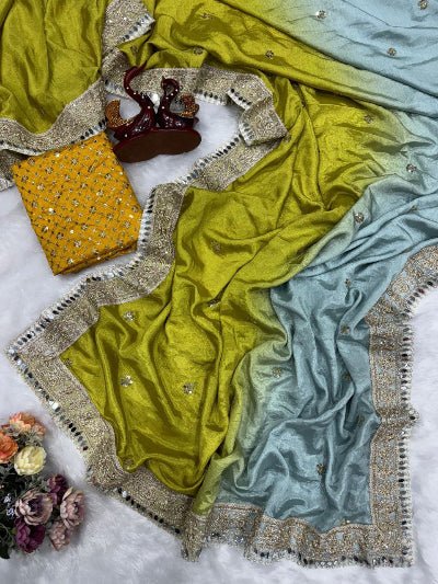 Soft Chinnon Shaded Mirror Work Sari with Unstitched Blouse - BONYHUBSAREE